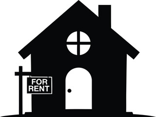 Simple black silhouette of a house with a for rent sign in front on a white background
