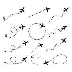 Aircraft clip art icons with way path tracks. Airplanes minimal vector illustration