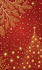 Elegant Golden Christmas Tree and Fir Branches on a Rich Red Background with Sparkling Festive Elements