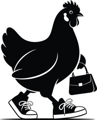 Stylish black silhouette of a chicken wearing sneakers and carrying a handbag walking confidently