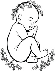 Stylized black and white line art of a sleeping newborn baby adorned with delicate floral accents