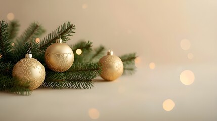 Golden Christmas Ornaments on Pine Branch with Warm Festive Lights