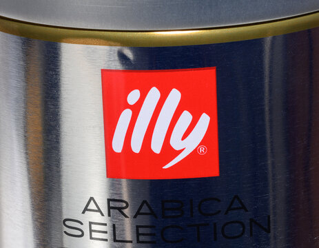 Ukraine, Mykolaiv - September 13, 2025: A close-up of the Illy logo on a can of Illy Arabica Selection coffee