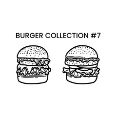 Hand drawn collection burger outline with cheese, tomato, sauce, and beef. Black and white doodle sketch for restaurant branding, menu design, packaging, and vintage or retro food illustrations.