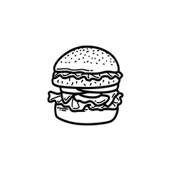 Hand drawn vector burger outline with cheese, tomato, sauce, and beef. Black and white doodle sketch for restaurant branding, menu design, packaging, and vintage or retro food illustrations.