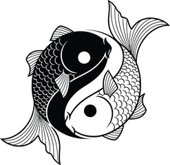 Stylized black and white yin yang symbol formed by two intertwined fish swimming in a circle