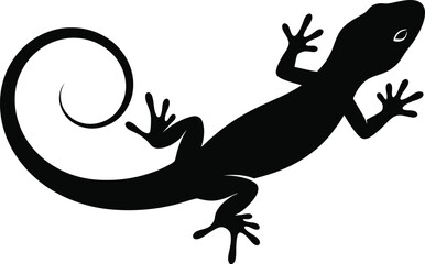 Stylized black silhouette of a gecko lizard with a curled tail on a white background