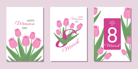 A set of fashionable postcards with congratulations for Women's Day. Posters for International Women's Day with springy delicate pink tulips . Vector design.