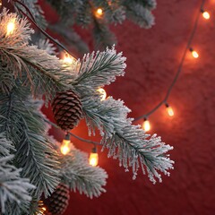 Festive Frosted Pine Branches Adorned with Twinkling Lights and Natural Pinecones Creating a Cozy Winter Holiday Atmosphere
