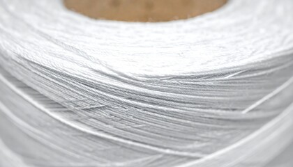 Macro view of spiraling white thread wound tightly on a spool, showcasing texture and repetitive patterns
