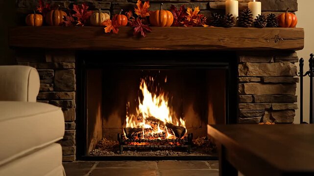 Cozy autumn fireplace scene with stone mantel decorated with pumpkins and fall leaves