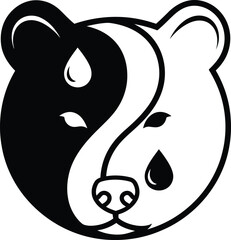 Stylized yin yang bear face with water droplets and leaves symbolizing balance and nature