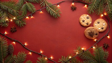 Festive Christmas Tree Branches and Warm Lights Form a Heart Shape Over a Red Background with Delicious Cookies and Pinecones Signaling Holiday Cheer