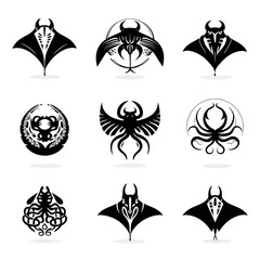 Abstract graphic designs of marine creatures in vector style on white