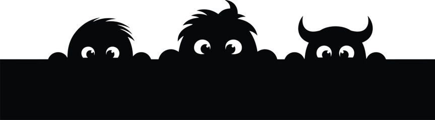 Three cute black cartoon monsters with big eyes peeking over a black surface against a white background
