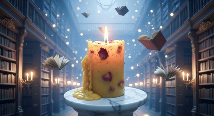 A candle with rose petals on a pedestal in a library with floating books and glowing lights around
