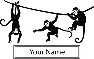 Three playful cartoon monkeys swinging on a branch with a customizable name tag below