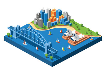 Flat vector isometric Sydney cityscape with curved harbor bridge, coastal skyline, and geometric modern buildings. Solid blue palette, no gradients, squared balanced composition