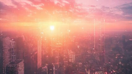 Digital cityscape during sunset displaying data network connections - Powered by Adobe