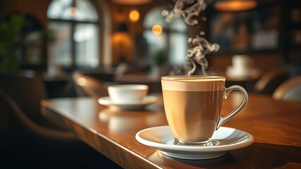 Steaming hot latte cup on an elegant cafe table, evoking a warm morning breakfast atmosphere.