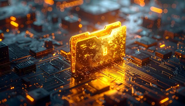 Glowing folder icon sits on intricate, dark motherboard with vibrant orange light highlighting the circuit paths