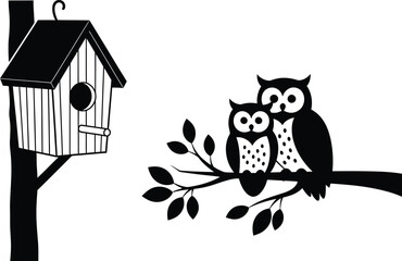 Two cute black owls sitting on a tree branch next to a wooden birdhouse on a white background