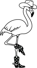 Whimsical flamingo wearing cowboy hat and star spangled boots standing on one leg