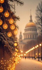 Festive Winter Scene With Snow Covered Christmas Tree Illuminated By Golden Lights Leading To An Iconic Building