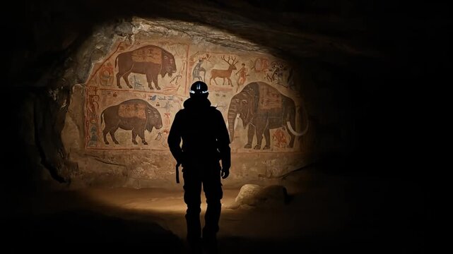 Man exploring a dark prehistoric cave illuminated by headlight revealing ancient art