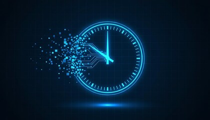 Digital clock face dissolving into particles, representing the passage of time and data flow