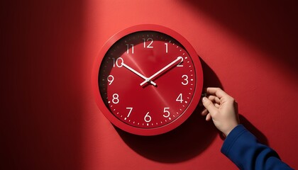 Time Management Red Clock on Wall with Adjusting Hand in Harsh Sunlight