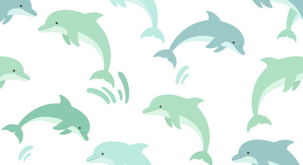 A white background hosts a repeated pattern of cartoony dolphins in shades of aqua and teal, some splashing