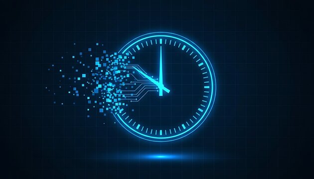 Digital clock face dissolving into particles, representing the passage of time and data flow