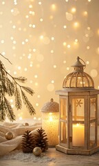 Beautiful Christmas lanterns with flickering candles and festive sparkling lights create a warm cozy holiday atmosphere