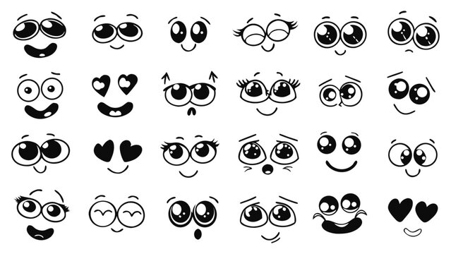 A collection of cute cartoon facial expressions with big expressive eyes and various mouth shapes.