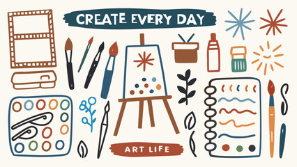 A colorful hand-drawn illustration showing paintbrushes, easels, sketchbooks, palettes, and paint tubes.