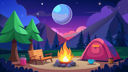 A cozy nighttime camping scene under a clear starry sky with a bright full moon