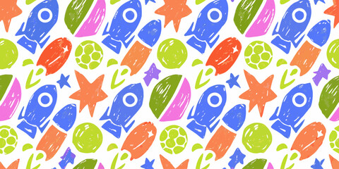A funky seamless pattern featuring doodle-style rockets, planets, stars, comets, and astronauts, drawn with bright chalk strokes.