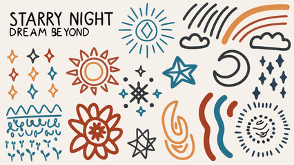 A hand-drawn celestial-themed doodle featuring suns, moons, constellations, clouds, and astrology symbols.