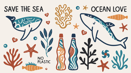 A hand-drawn ocean protection theme featuring whales, coral, sea turtles, and bottles