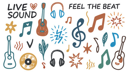 A lively doodle composition with guitars, microphones, headphones, records, musical notes.