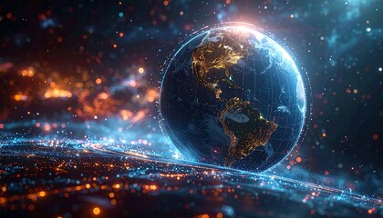 Glowing Earth image, with digital nodes connecting cities and continents against a cosmic backdrop of stars and nebulas