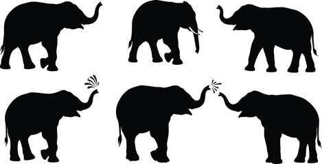 Elephant silhouettes with raised trunks and water splash, vector illustration of wildlife animals, safari nature design