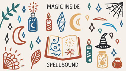 A mystical hand-drawn doodle collection featuring potion bottles, spell books, moons, crystals, candles, and witch hats.