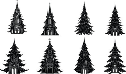 Gothic church silhouettes, conifer trees, black vector icons, architecture and nature contrast, symmetrical design, spiritual buildings, forest elements, artistic composition
