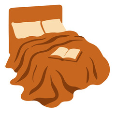 Cozy vector illustration of neatly made bed with pillow, blanket and open book, minimalist home interior design