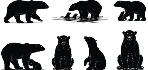 Polar bear silhouettes with cubs isolated on white background, vector illustration of arctic wildlife family design elements © It's Sohan Here