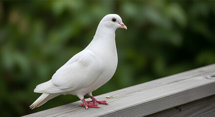 Fototapeta premium White dove perched on a wooden railing clean and elegant symbol of peace and freedom