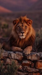 Obraz premium A lion is laying on a rock next to a wall