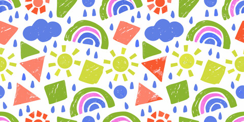 Colorful geometric seamless pattern with funky crayon featuring suns, clouds, lightning bolts, raindrops, and rainbows, naive geometric figures and forms. Kid's wrapping paper.
